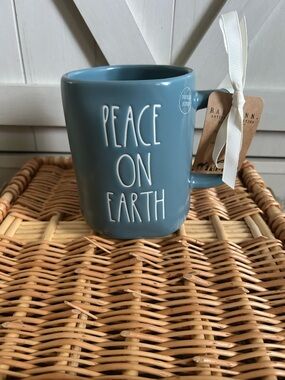 NWT Rae Dunn Blue 'Peace On Earth' Ceramic Mug
